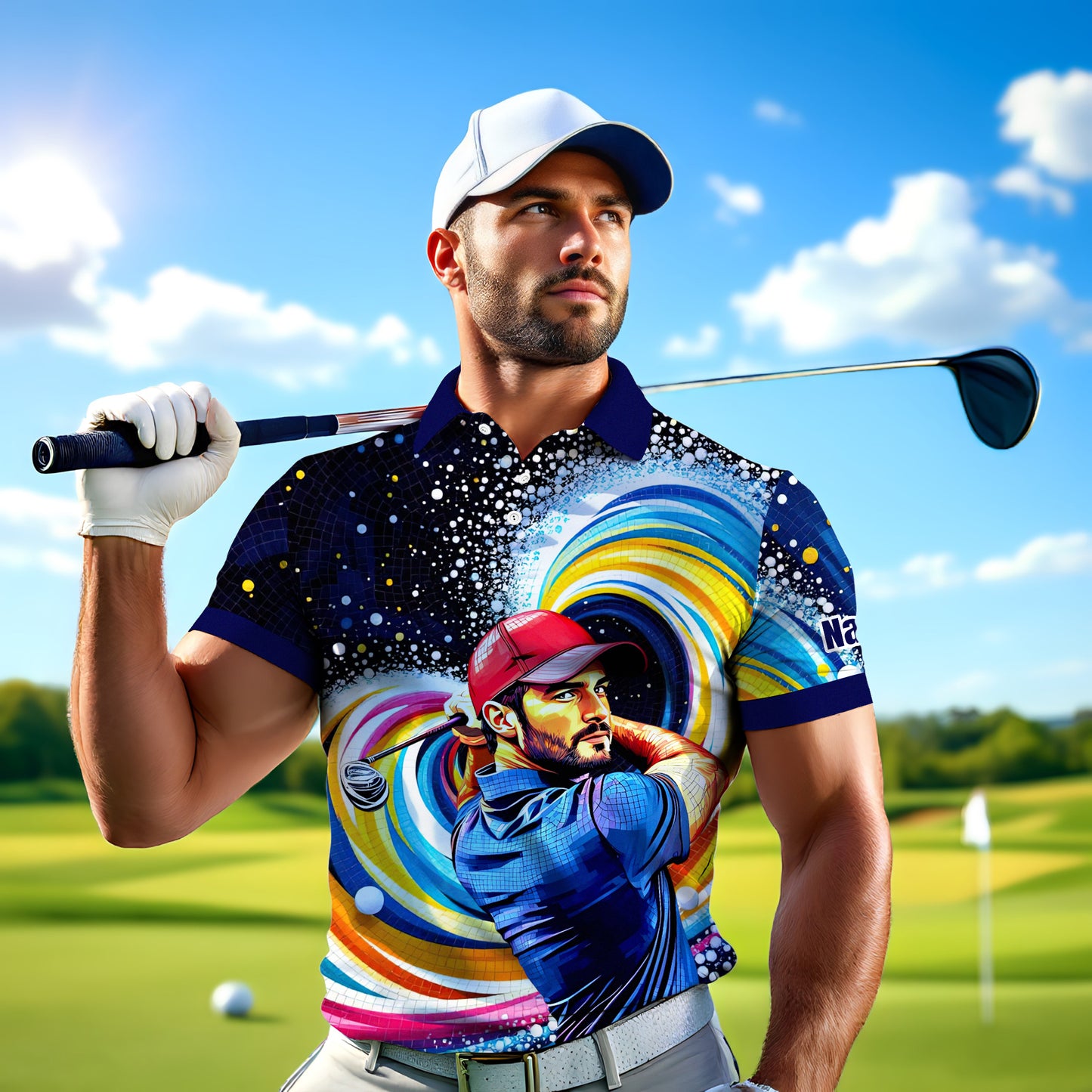 HomyGifts Men's Customized Face Artistic Golf Polo Shirt, Mosaic Art Style, Unique Personalized Golf Polo For Men Style 19