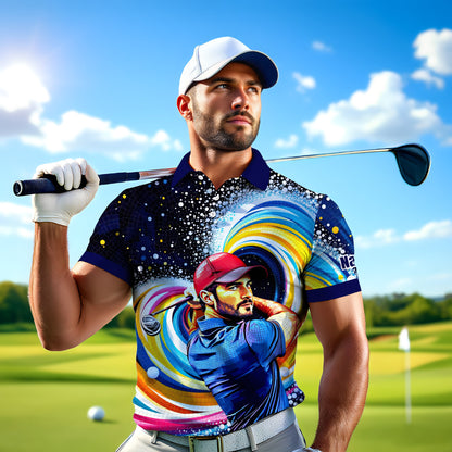 HomyGifts Men's Customized Face Artistic Golf Polo Shirt, Mosaic Art Style, Unique Personalized Golf Polo For Men Style 19