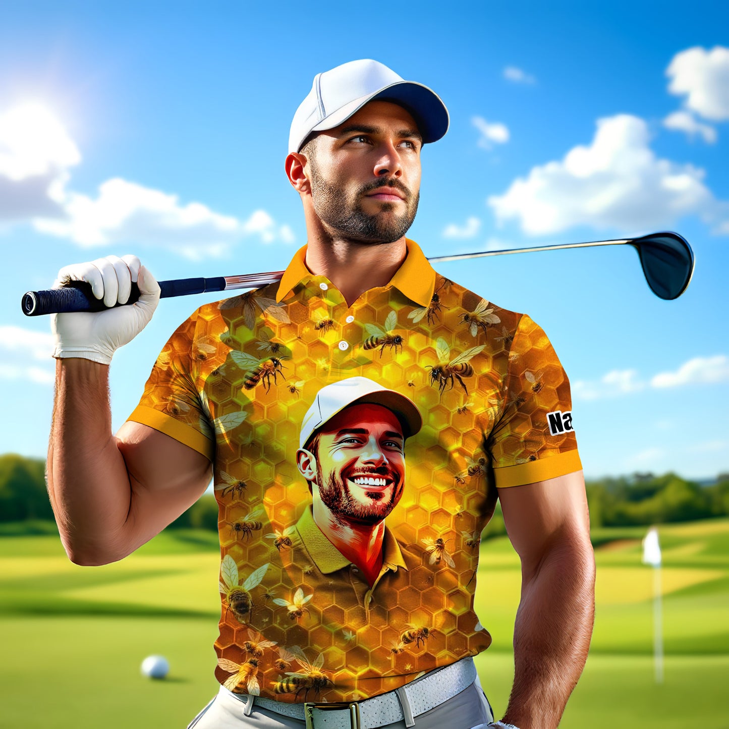 HomyGifts Men's Customized Face Artistic Golf Polo Shirt, Personalized Bee & Honeycomb Polo Shirt with Face, Funny Honey Lover Outfit, Summer Polo for Men Style 4