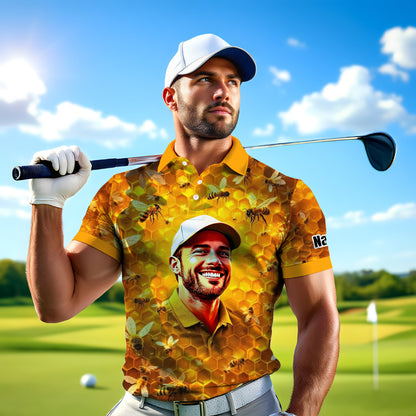 HomyGifts Men's Customized Face Artistic Golf Polo Shirt, Personalized Bee & Honeycomb Polo Shirt with Face, Funny Honey Lover Outfit, Summer Polo for Men Style 4