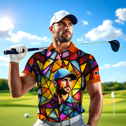 HomyGifts Men's Customized Face Artistic Golf Polo Shirt, Angular Geometric Glass Pattern, Stained-Glass Mosaic Print, Personalized Sublimation Golf Shirt, Vibrant Geometric Portrait Tee