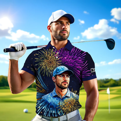 Custom Face Golf Polo Shirt – New Year Fireworks Edition | Personalized Golf Polo | Unique Holiday Gift for Him 2025 Style 3