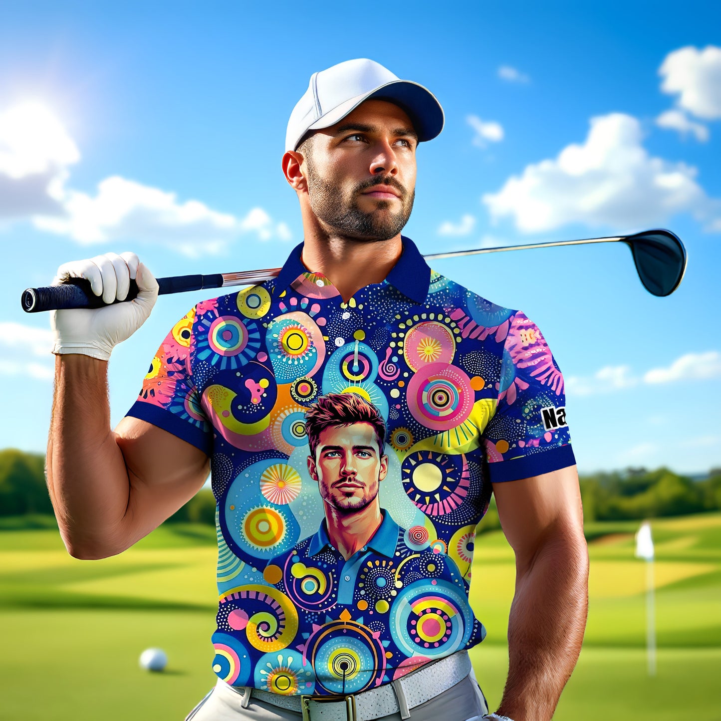 HomyGifts Custom Face Polo Shirt – Personalized Abstract Geometric Art Photo Shirt, Unique Gift for Him & Her