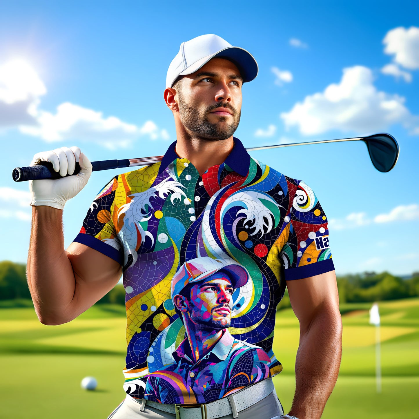 HomyGifts Men's Customized Face Artistic Golf Polo Shirt, Mosaic Art Style, Unique Personalized Golf Polo For Men Style 9