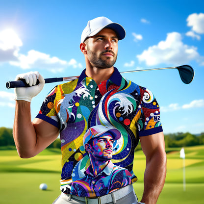 HomyGifts Men's Customized Face Artistic Golf Polo Shirt, Mosaic Art Style, Unique Personalized Golf Polo For Men Style 9