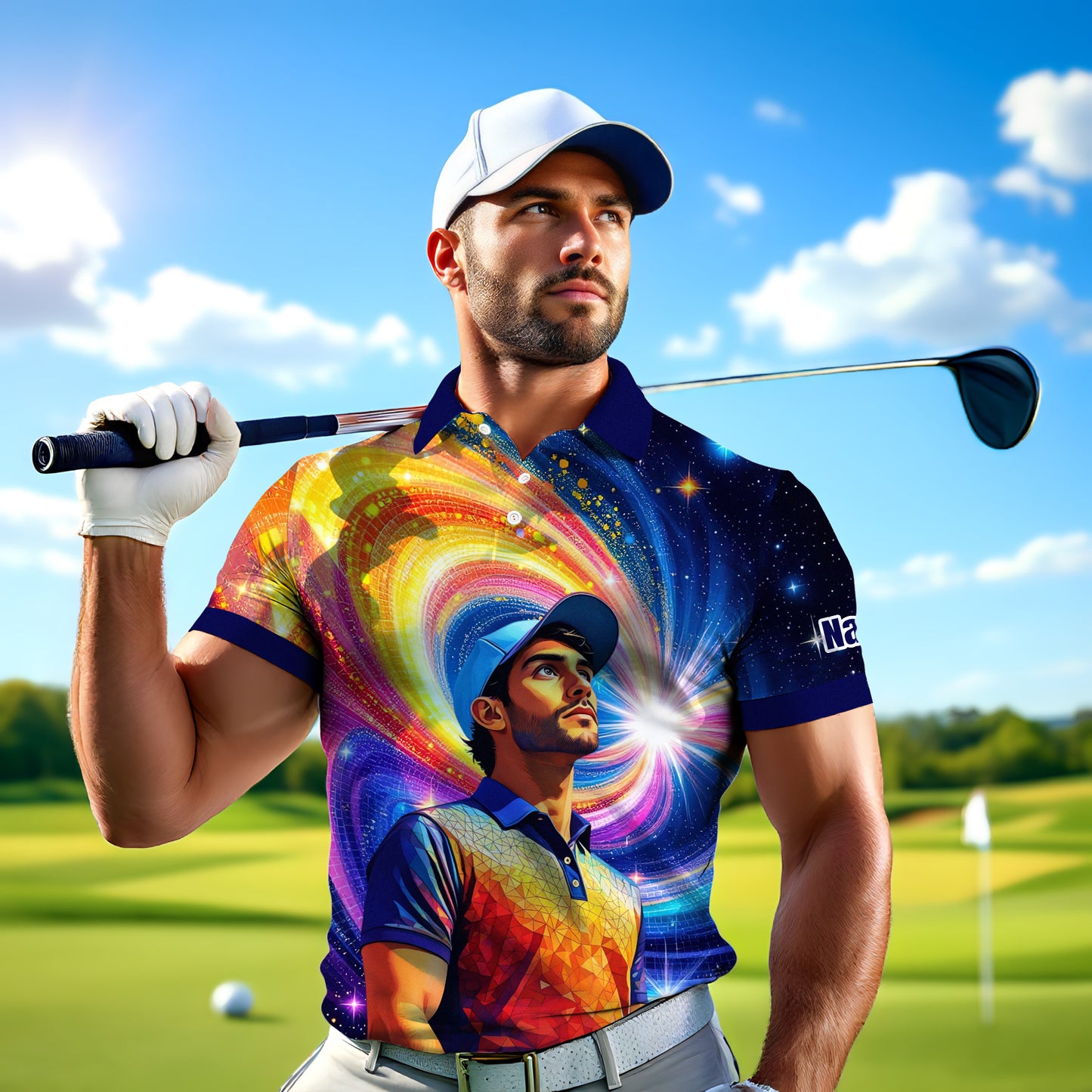 HomyGifts Men's Customized Face Artistic Golf Polo Shirt, Mosaic Art Style, Unique Personalized Golf Polo For Men