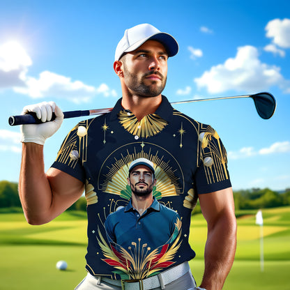 Custom Face Golf Polo Shirt – Swing in Gold Art Deco Revival Style | Personalized Golf Shirt for Men Style 1