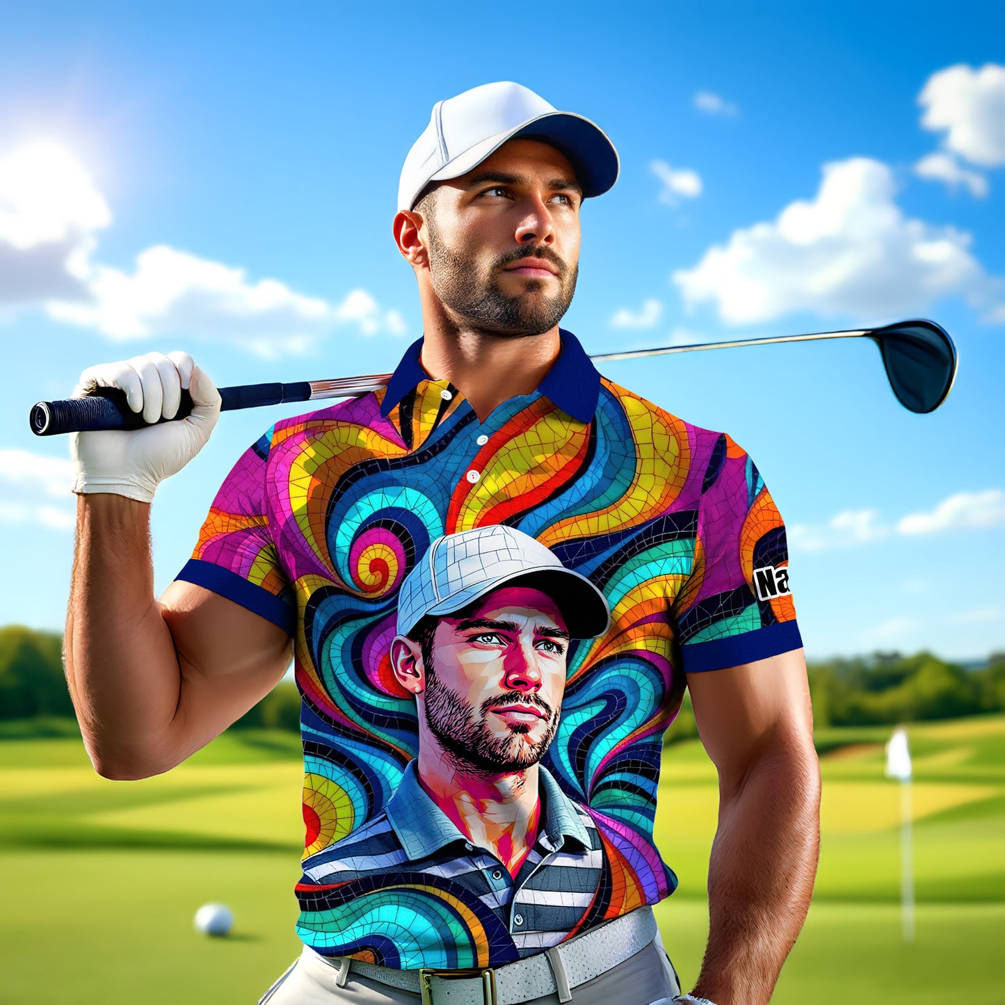 Personalized Mosaic Portrait Polo — Custom Face Mosaic Art Style Shirt Style 3