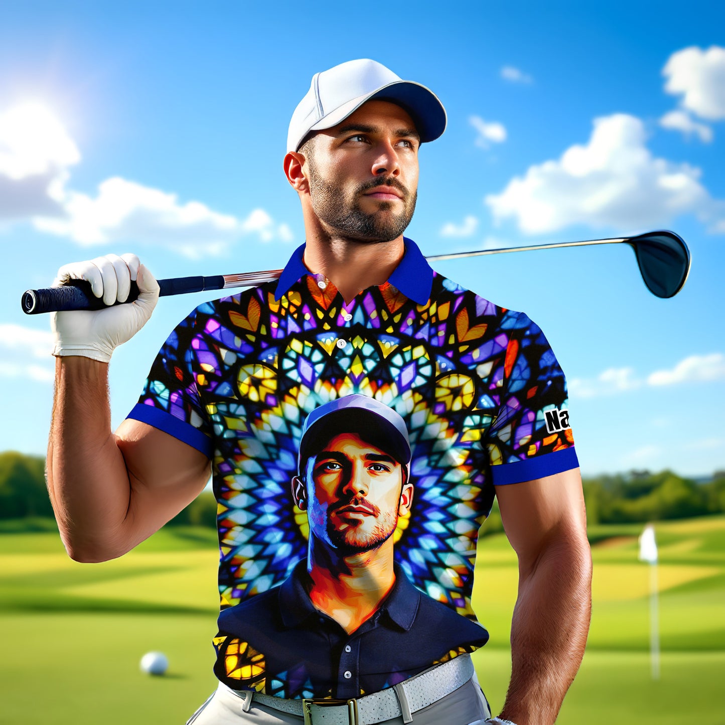 Custom Face Golf Polo Shirt – Personalized Stained Glass Mandala Style Polo, Unique Gift for Men & Women, Vibrant Artistic Golf Shirt, Custom Photo Polo