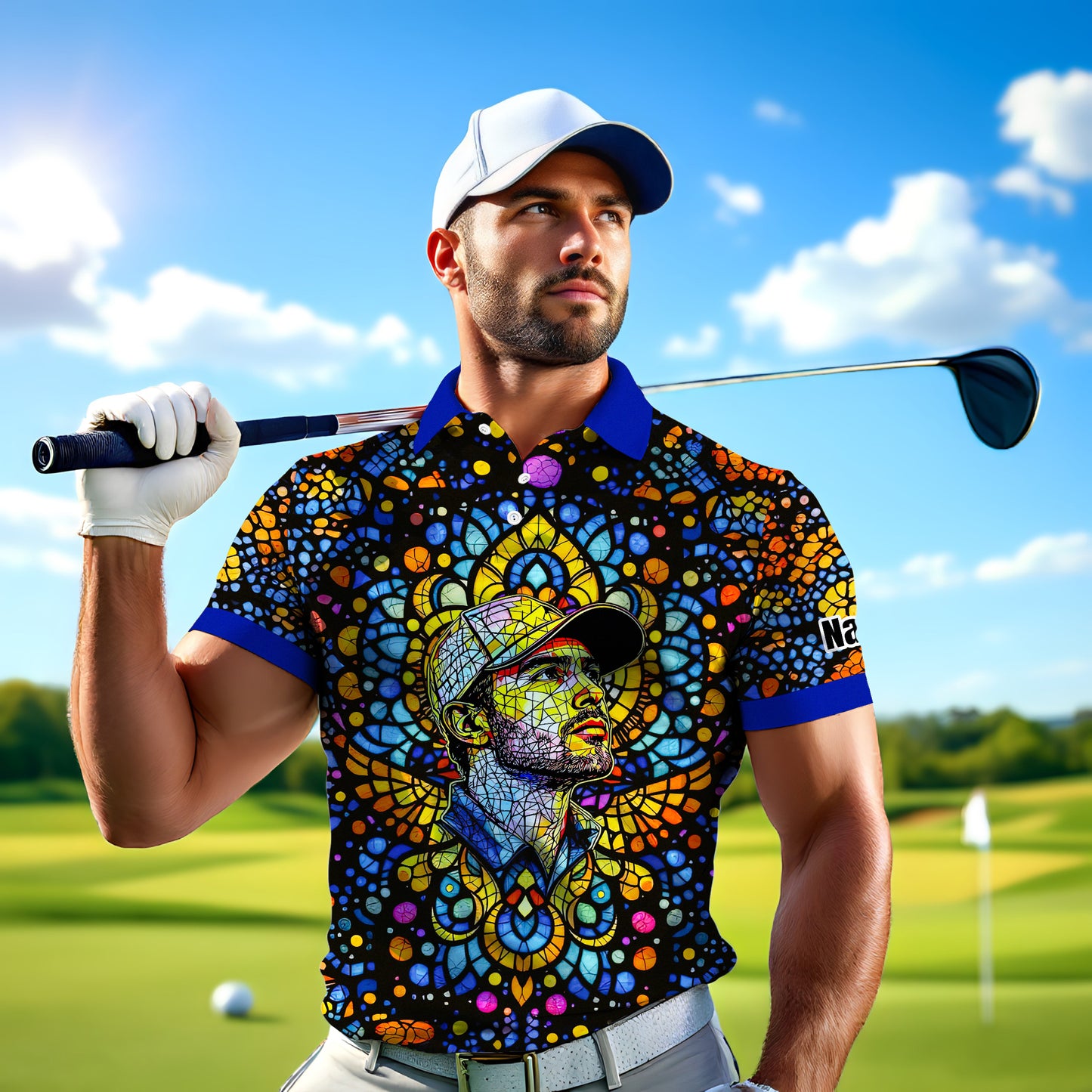 Custom Face Golf Polo Shirt – Personalized Stained Glass Mandala Style Polo, Unique Gift for Men & Women, Vibrant Artistic Golf Shirt, Custom Photo Polo