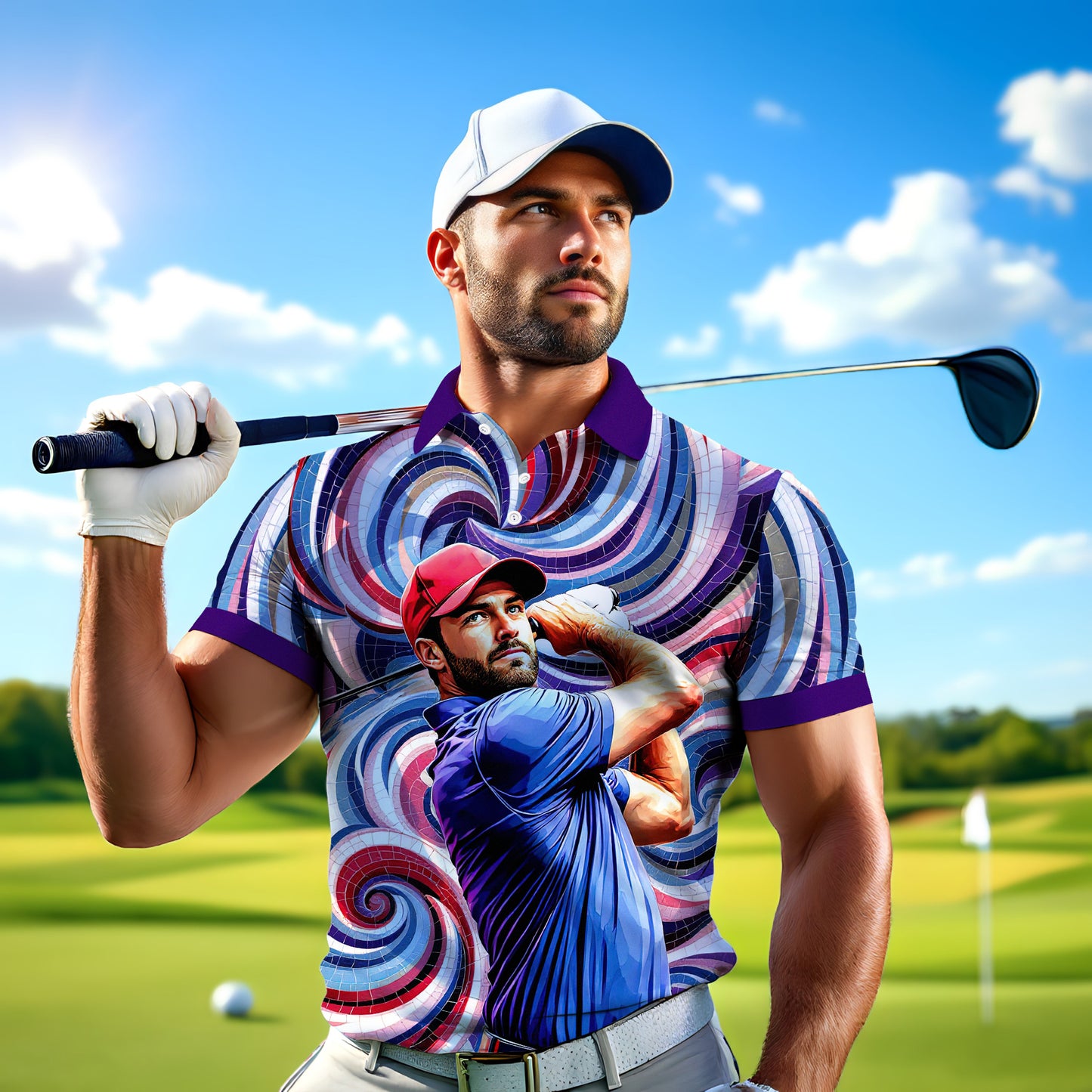 HomyGifts Men's Customized Face Artistic Golf Polo Shirt, Mosaic Art Style, Unique Personalized Golf Polo For Men Style 2