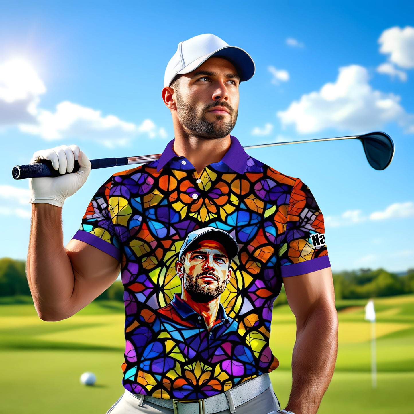 Custom Face Golf Polo Shirt – Personalized Stained Glass Art Shirt, Unique Golf Gift for Him, Colorful Abstract Golf Polo, Custom Sportswear