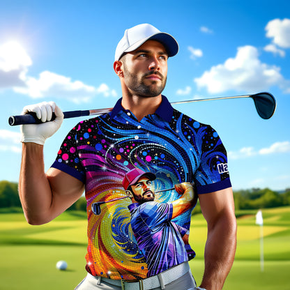 HomyGifts Men's Customized Face Artistic Golf Polo Shirt, Mosaic Art Style, Unique Personalized Golf Polo For Men