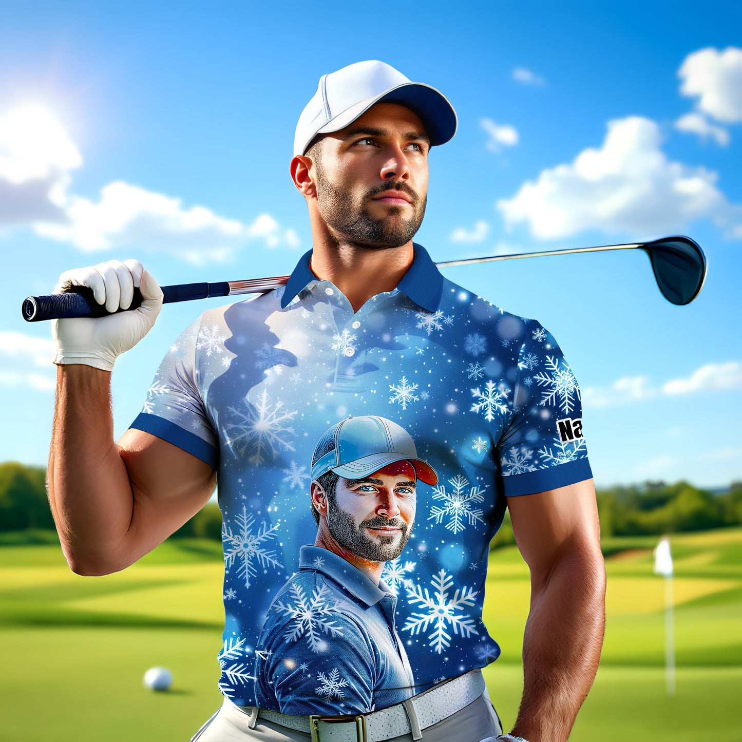 Custom Face Golf Polo Shirt – Personalized Christmas Golf Shirt for Him, Unique Holiday Gift for Golfer, Snowflake Design Golf Apparel Style 3