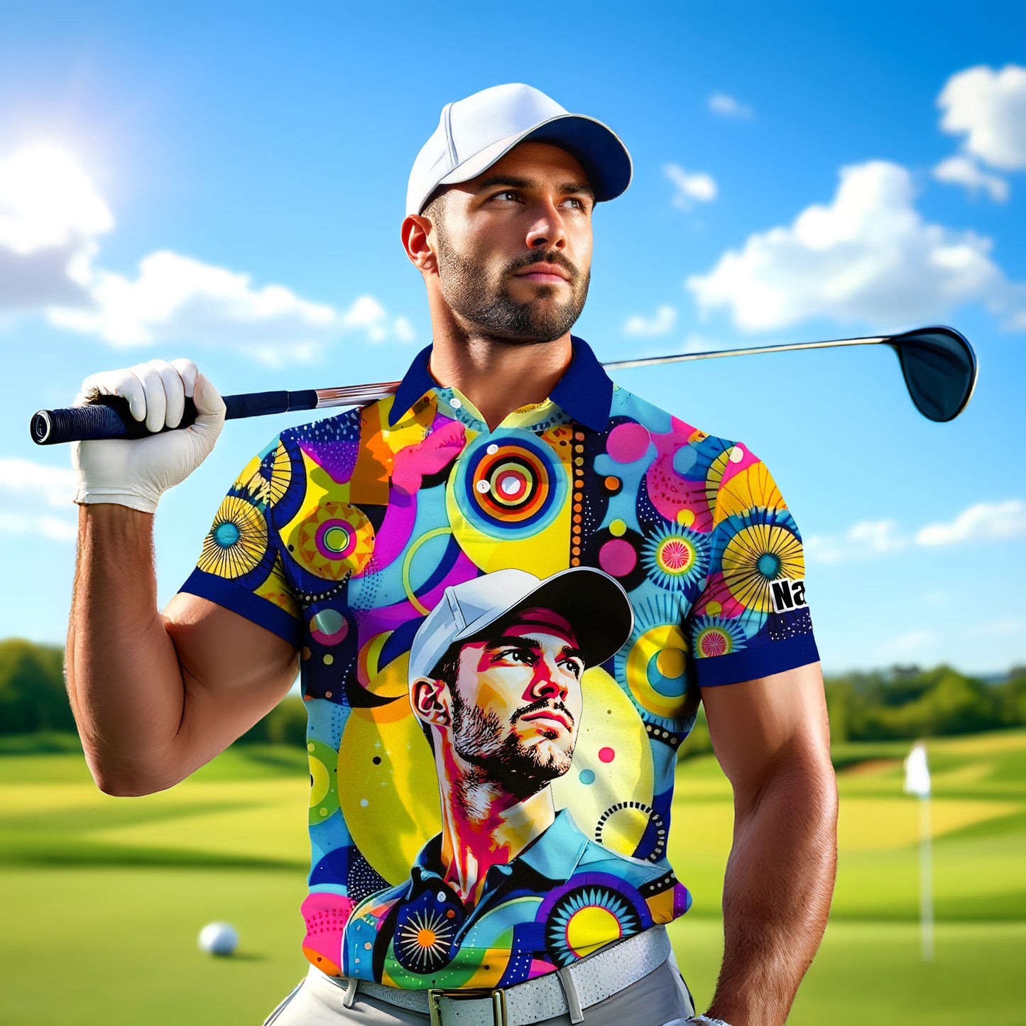 HomyGifts Custom Face Polo Shirt – Personalized Abstract Geometric Art Photo Shirt, Unique Gift for Him & Her