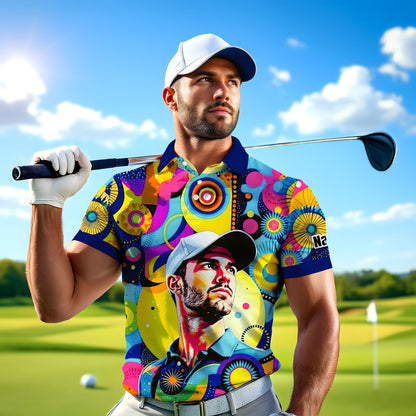 HomyGifts Custom Face Polo Shirt – Personalized Abstract Geometric Art Photo Shirt, Unique Gift for Him & Her