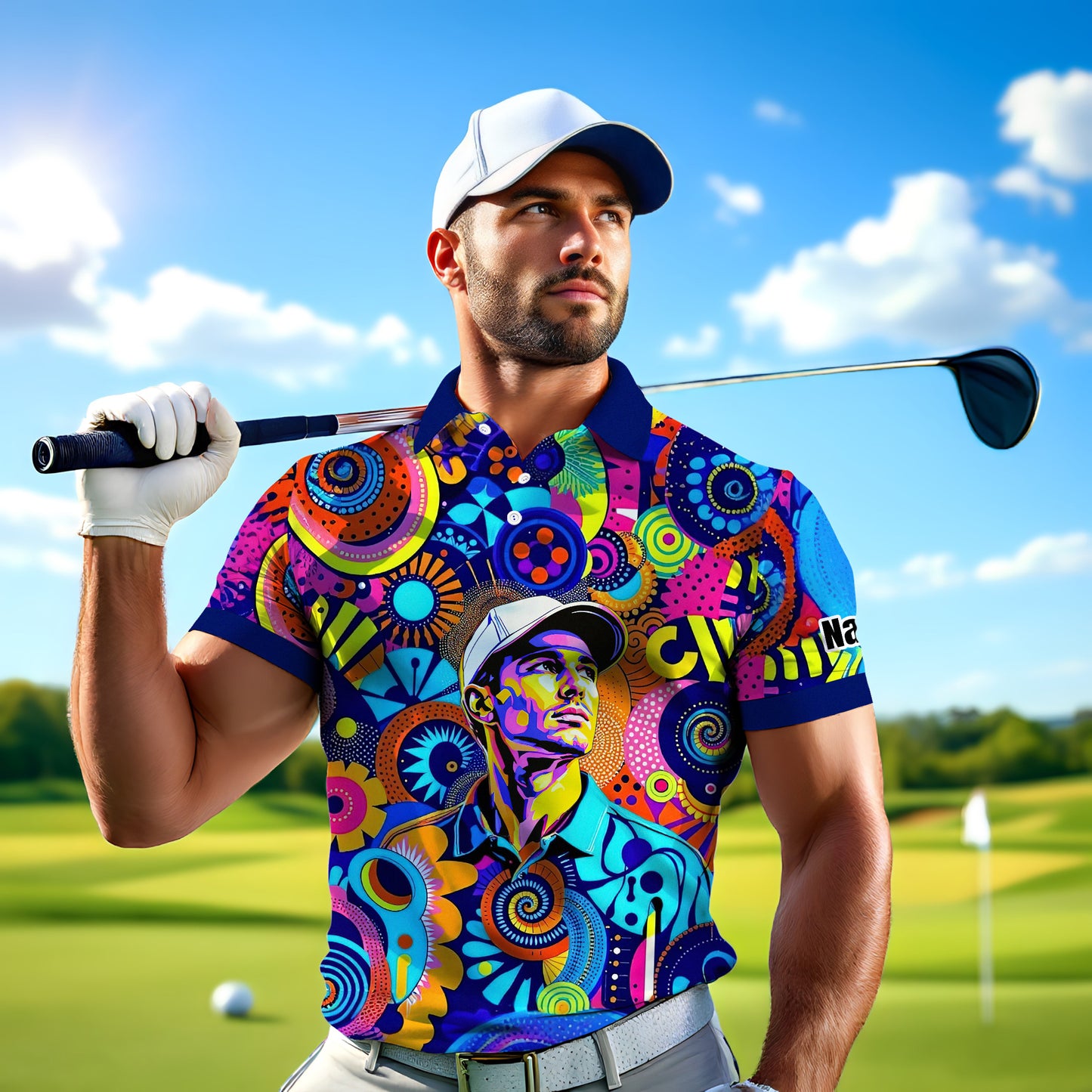 HomyGifts Custom Face Polo Shirt – Personalized Abstract Geometric Art Photo Shirt, Unique Gift for Him & Her