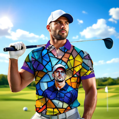Custom Face Golf Polo Shirt – Personalized Stained Glass Art Shirt, Unique Golf Gift for Him, Colorful Abstract Golf Polo, Custom Sportswear