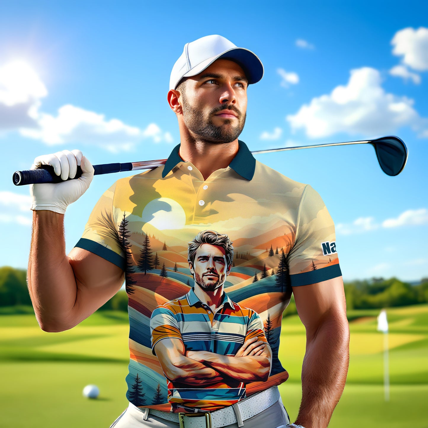 Custom Vintage Americana Golf Polo with Your Face - Retro Personalized Gift for Men Style 7
