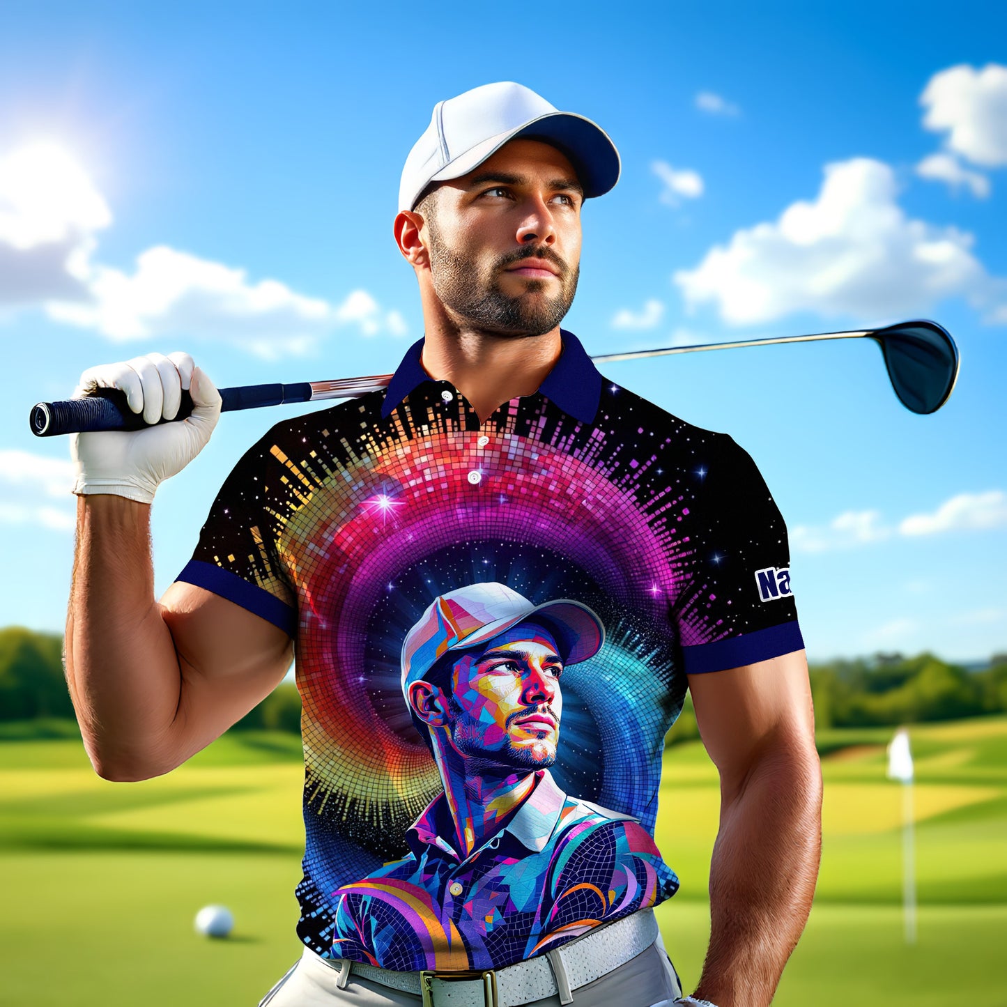HomyGifts Men's Customized Face Artistic Golf Polo Shirt, Mosaic Art Style, Unique Personalized Golf Polo For Men