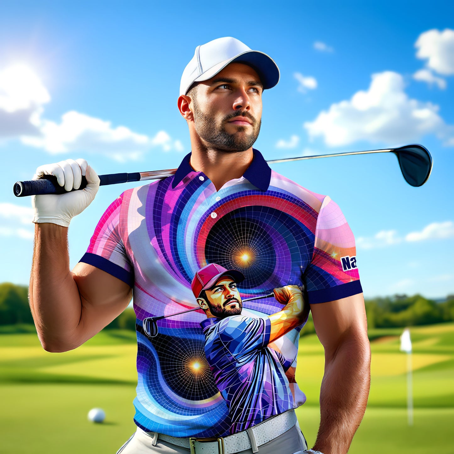 HomyGifts Men's Customized Face Artistic Golf Polo Shirt, Mosaic Art Style, Unique Personalized Golf Polo For Men