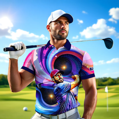 HomyGifts Men's Customized Face Artistic Golf Polo Shirt, Mosaic Art Style, Unique Personalized Golf Polo For Men