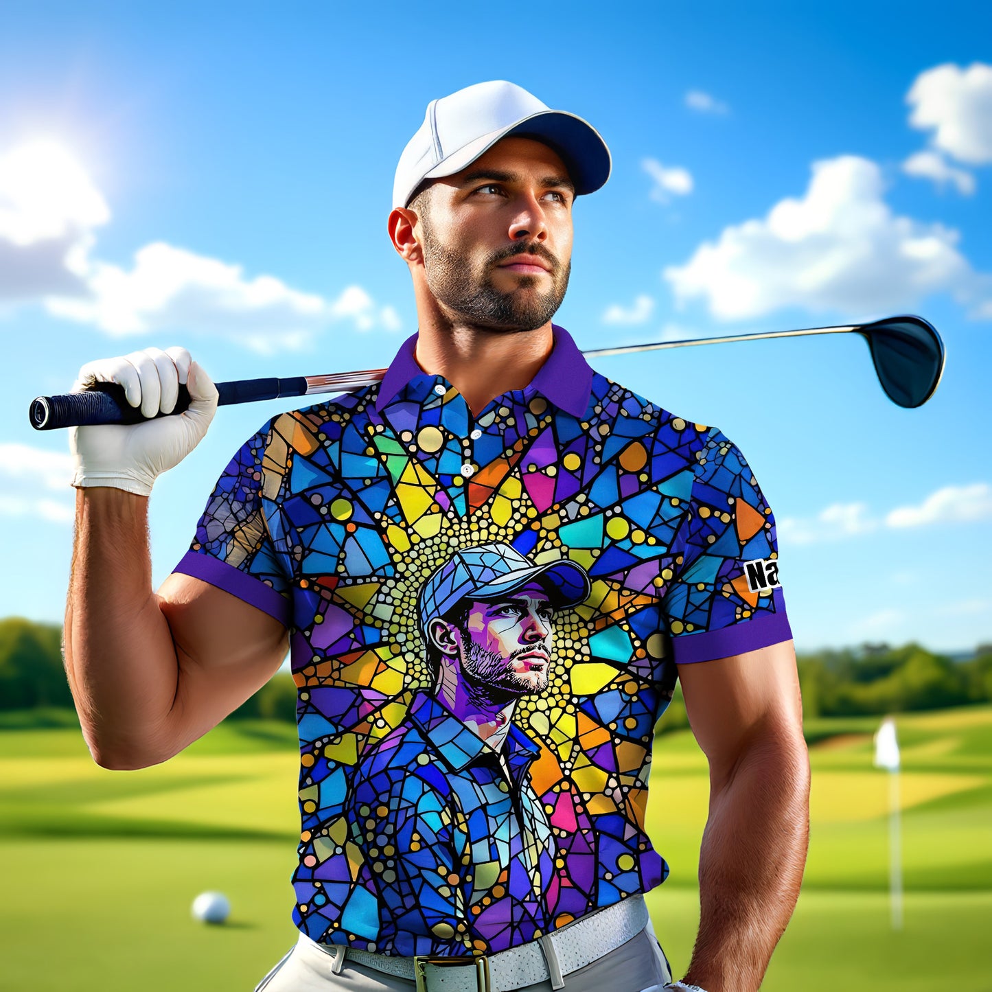 Custom Face Golf Polo Shirt – Personalized Stained Glass Art Shirt, Unique Golf Gift for Him, Colorful Abstract Golf Polo, Custom Sportswear