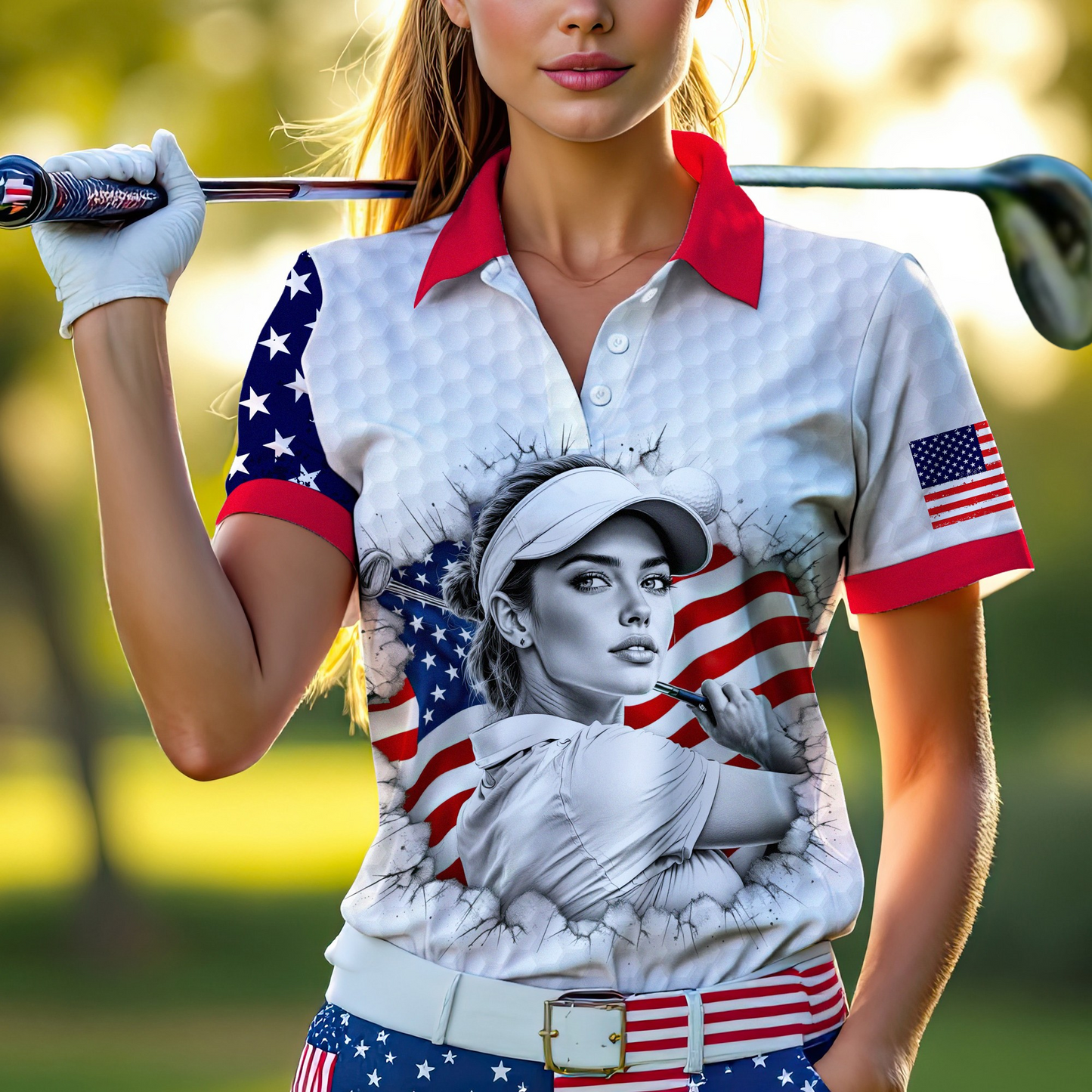 Custom Women’s Golf Polo Shirt – USA Flag Design with Personalized Face | Patriotic Sportswear for Female Golfers Style 3