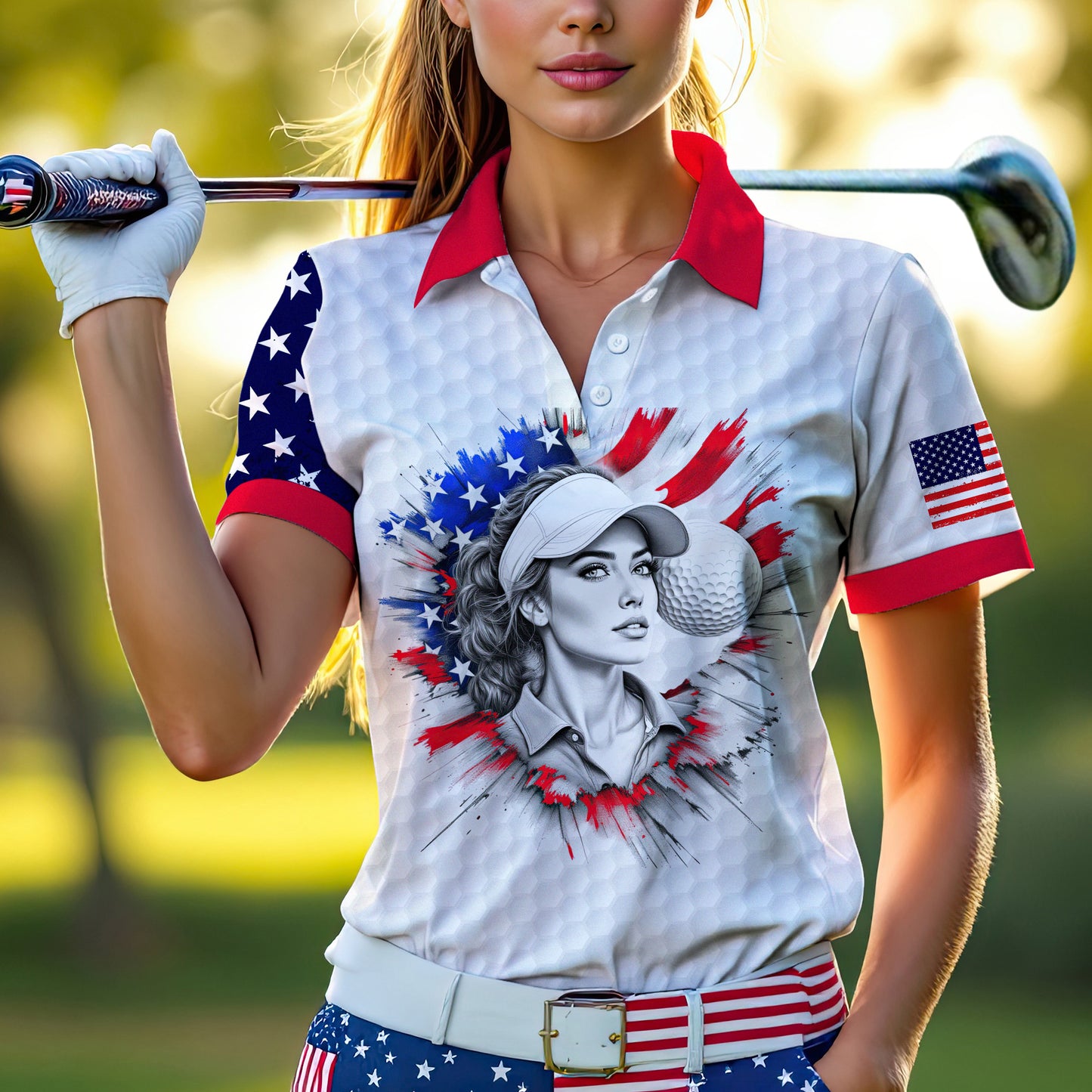 Custom Women’s Golf Polo Shirt – USA Flag Design with Personalized Face | Patriotic Sportswear for Female Golfers Style 1