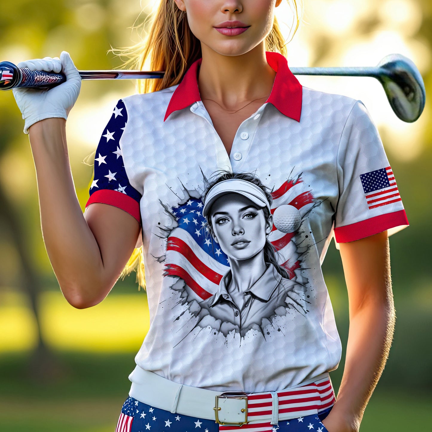 Custom Women’s Golf Polo Shirt – USA Flag Design with Personalized Face | Patriotic Sportswear for Female Golfers Style 2