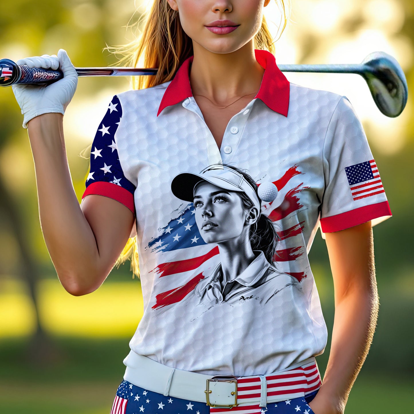 Custom Women’s Golf Polo Shirt – USA Flag Design with Personalized Face | Patriotic Sportswear for Female Golfers Style 5