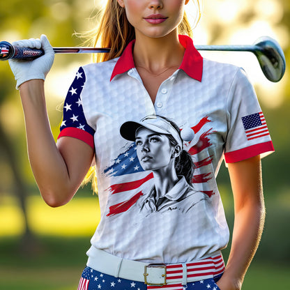 Custom Women’s Golf Polo Shirt – USA Flag Design with Personalized Face | Patriotic Sportswear for Female Golfers Style 5