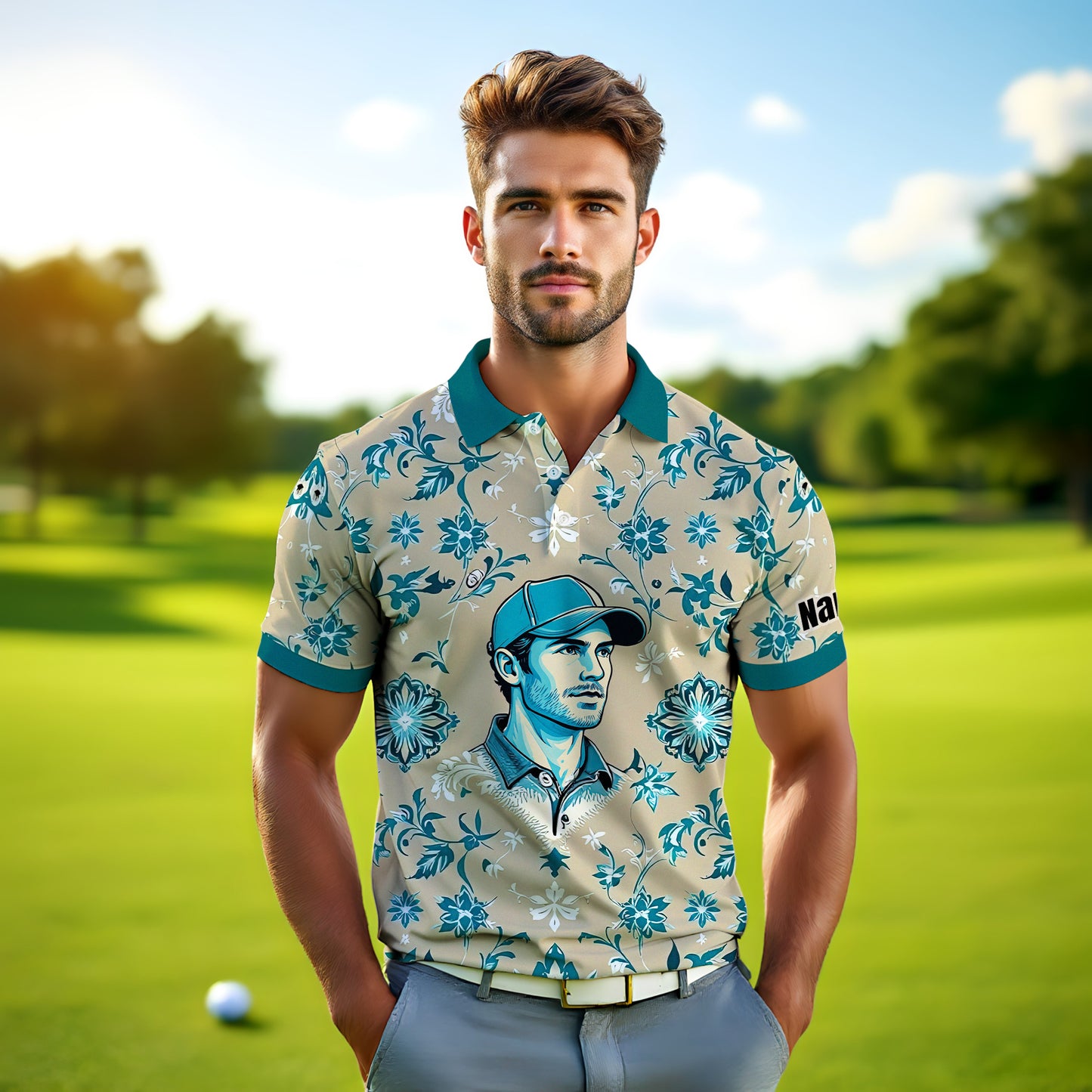 Custom Retro Pattern Art Polo Shirt – Personalized Face & Name | Vintage Floral Pattern Collared Shirt for Men Style 6