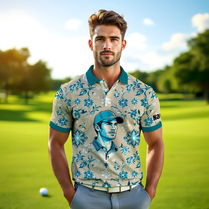 Custom Retro Pattern Art Polo Shirt – Personalized Face & Name | Vintage Floral Pattern Collared Shirt for Men Style 6