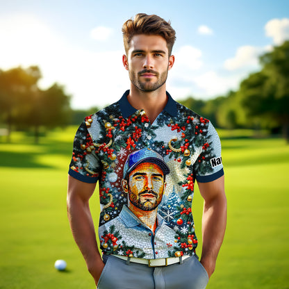 Personalized Christmas Golf Polo Shirt with Your Face – Custom Photo Holiday Shirt – Unique Mosaic Art Xmas Gift for Men, Custom Golf Apparel Style 9