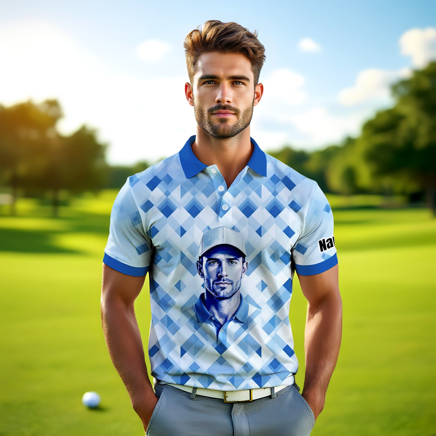 Custom Face Polo Shirt – Geometric Diamond Pattern | Personalized Photo Golf Polo | Unique Gift for Him, Retro Geometric Style Shirt Style 1