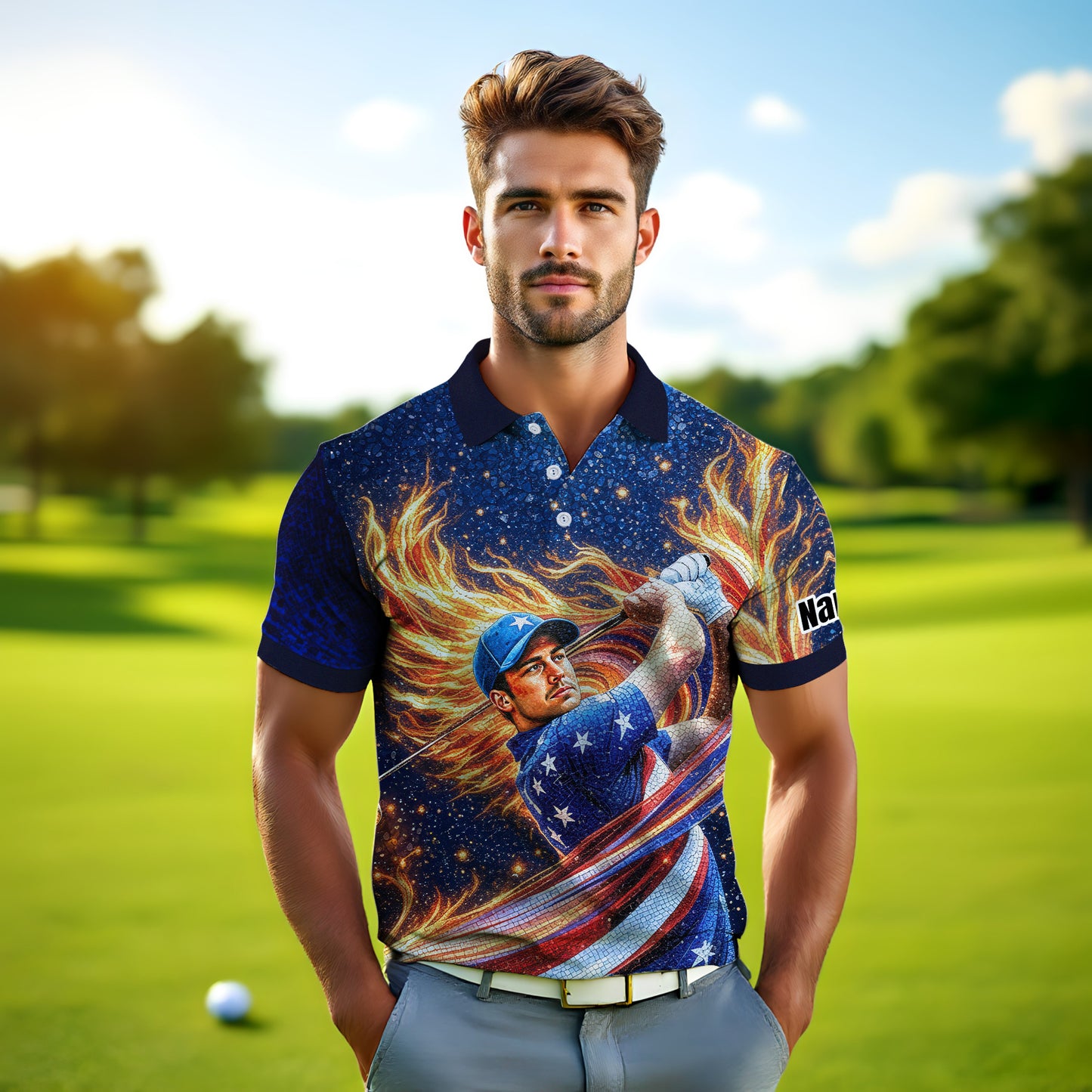 Custom Face Patriotic Golf Polo Shirt – Personalized USA Flag Design – American Pride Gift for Him – Mosaic Art Golf Shirt Style 9