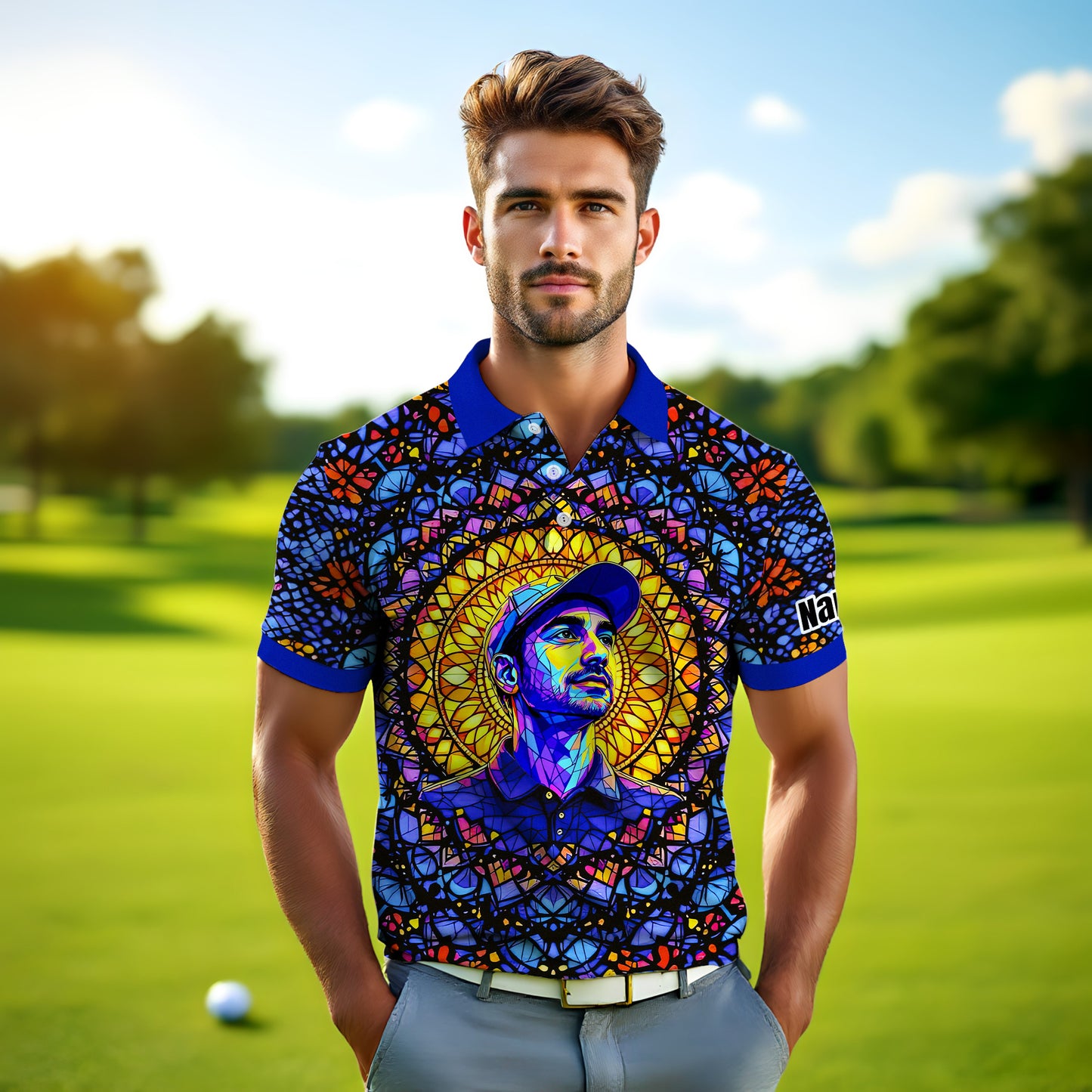 Custom Face Golf Polo Shirt – Personalized Stained Glass Mandala Style Polo, Unique Gift for Men & Women, Vibrant Artistic Golf Shirt, Custom Photo Polo