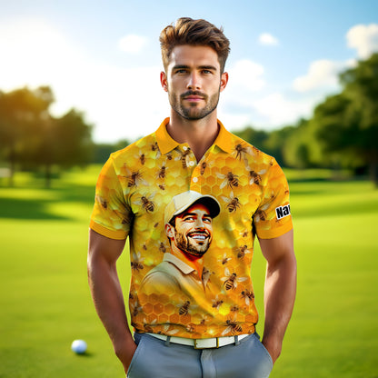 HomyGifts Men's Customized Face Artistic Golf Polo Shirt, Personalized Bee & Honeycomb Polo Shirt with Face, Funny Honey Lover Outfit, Summer Polo for Men Style 6