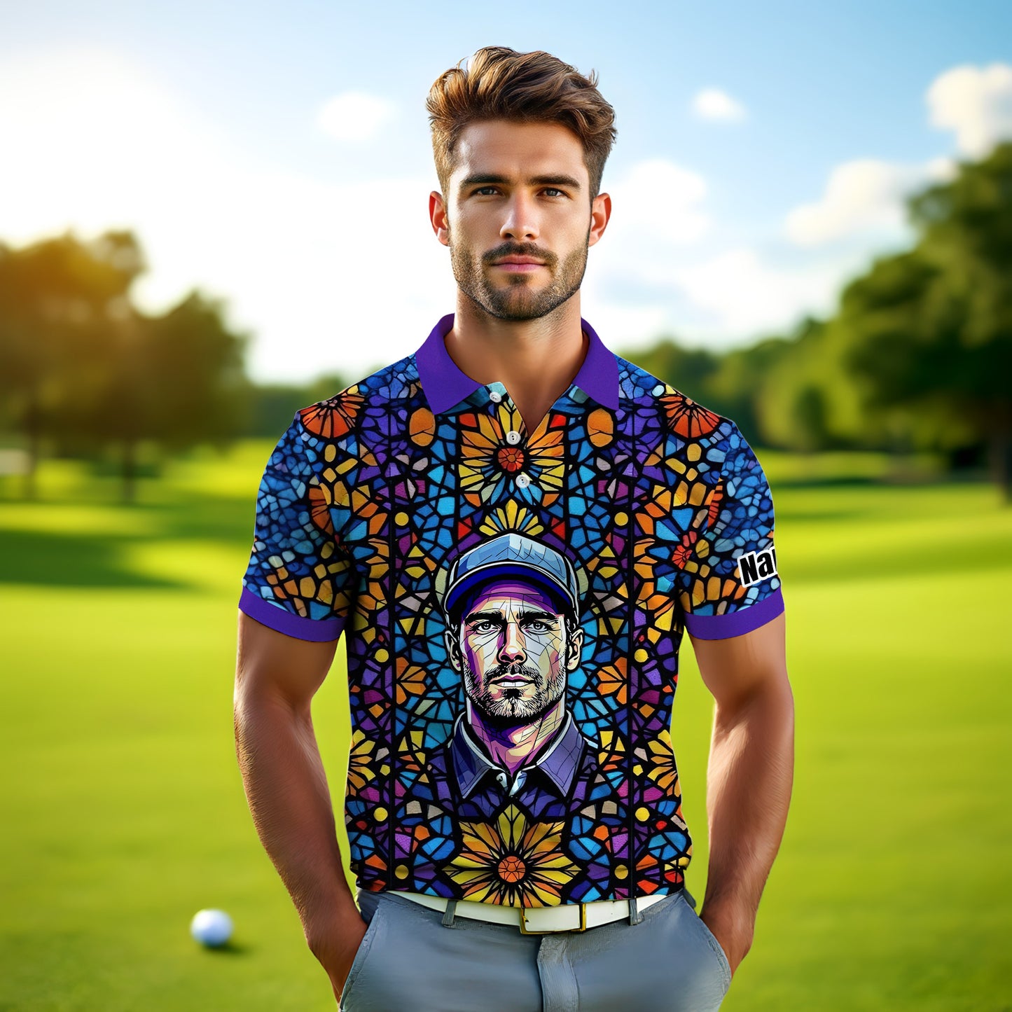 Custom Face Golf Polo Shirt – Personalized Stained Glass Art Shirt, Unique Golf Gift for Him, Colorful Abstract Golf Polo, Custom Sportswear