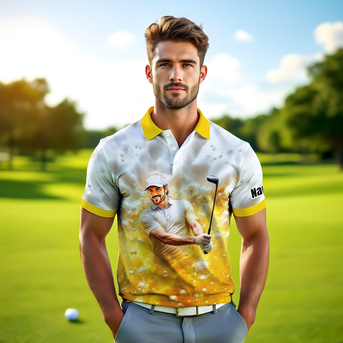 HomyGifts Men's Customized Face Artistic Golf Polo Shirt, Beer pattern Design, Special Gift for Beer & Golf Lovers, Summer Party Outfit, Unique Gift for Men Style 11