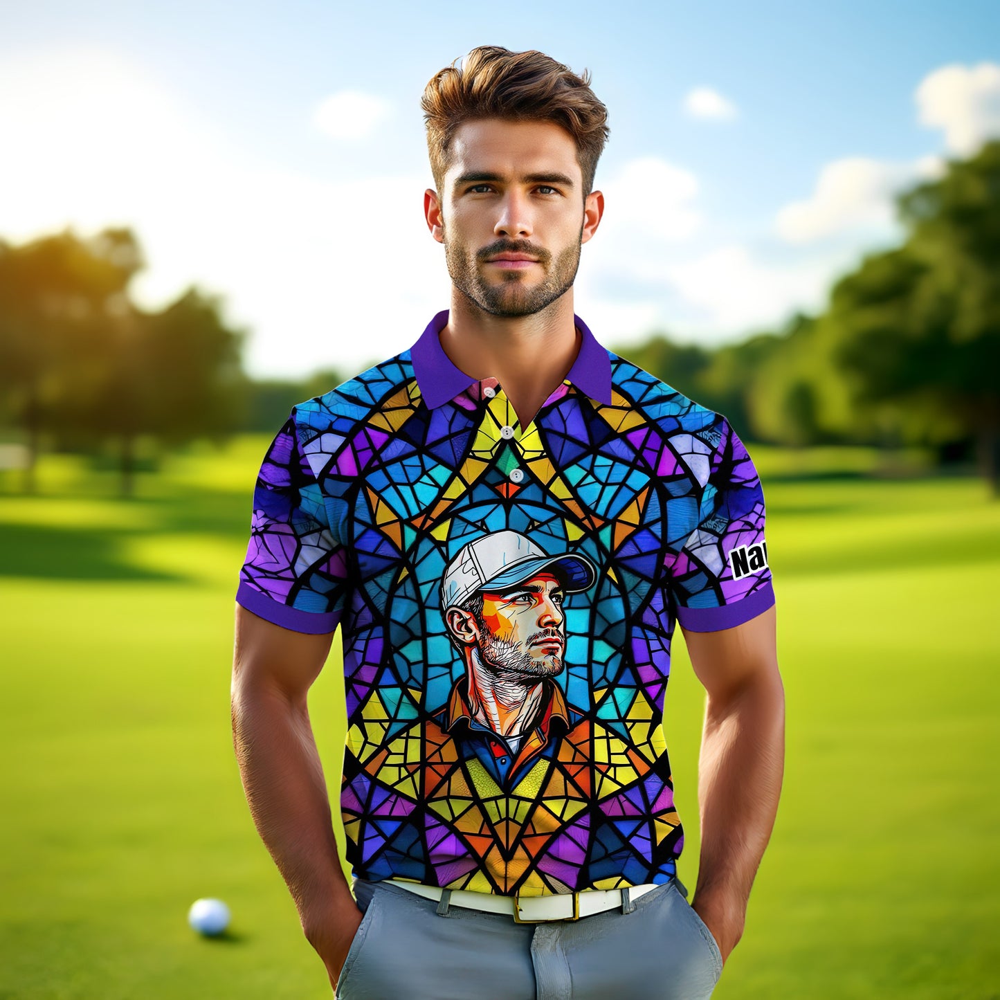 Custom Face Golf Polo Shirt – Personalized Stained Glass Art Shirt, Unique Golf Gift for Him, Colorful Abstract Golf Polo, Custom Sportswear