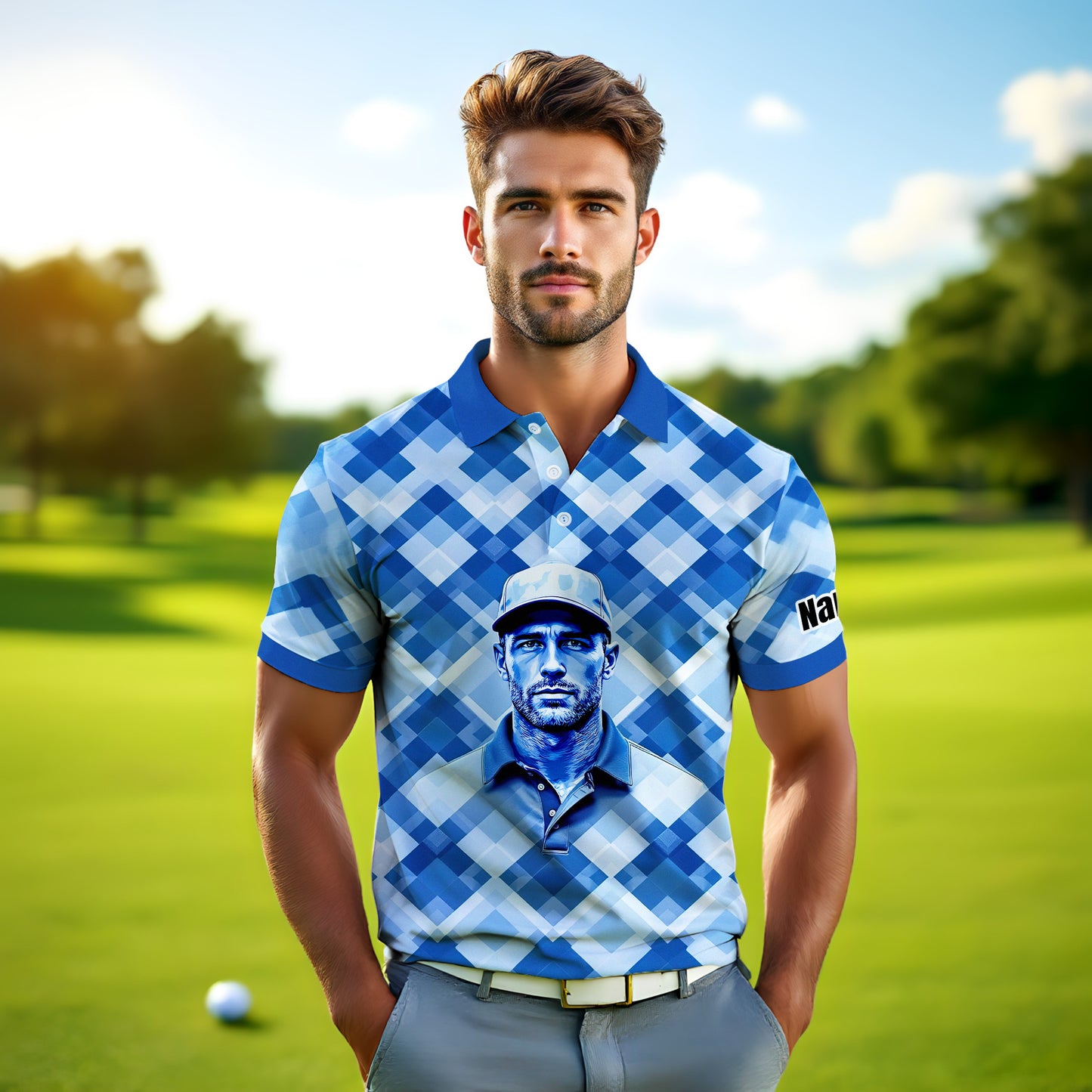 Custom Face Polo Shirt – Geometric Diamond Pattern | Personalized Photo Golf Polo | Unique Gift for Him, Retro Geometric Style Shirt Style 10