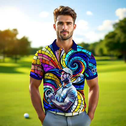 HomyGifts Men's Customized Face Artistic Golf Polo Shirt, Mosaic Art Style, Unique Personalized Golf Polo For Men Style 13