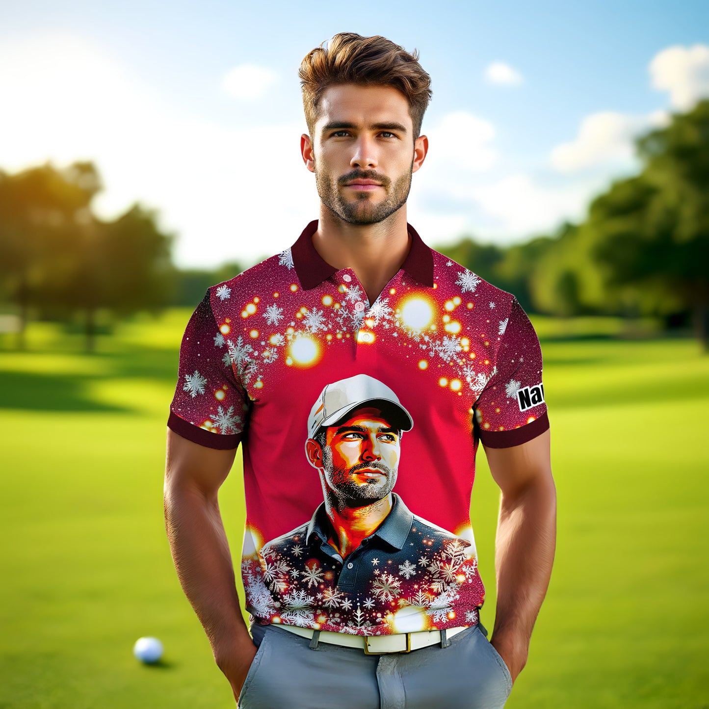 Custom Face Golf Polo Shirt – Personalized Christmas Golf Shirt for Him, Unique Holiday Gift for Golfer, Snowflake Design Golf Apparel Style 16