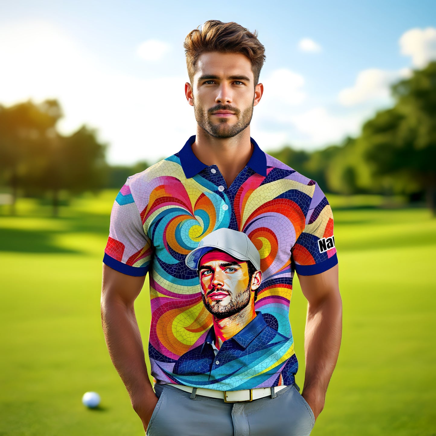 Personalized Mosaic Portrait Polo — Custom Face Mosaic Art Style Shirt Style 12