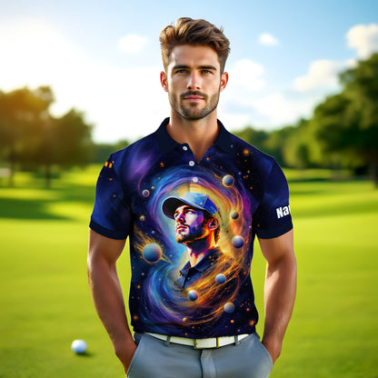 Custom Cosmic Portrait Polo Shirt – Personalized Surreal Galaxy Art with Your Face | Unique Gift for Golfers, Sports & Astrology Fans Style 4