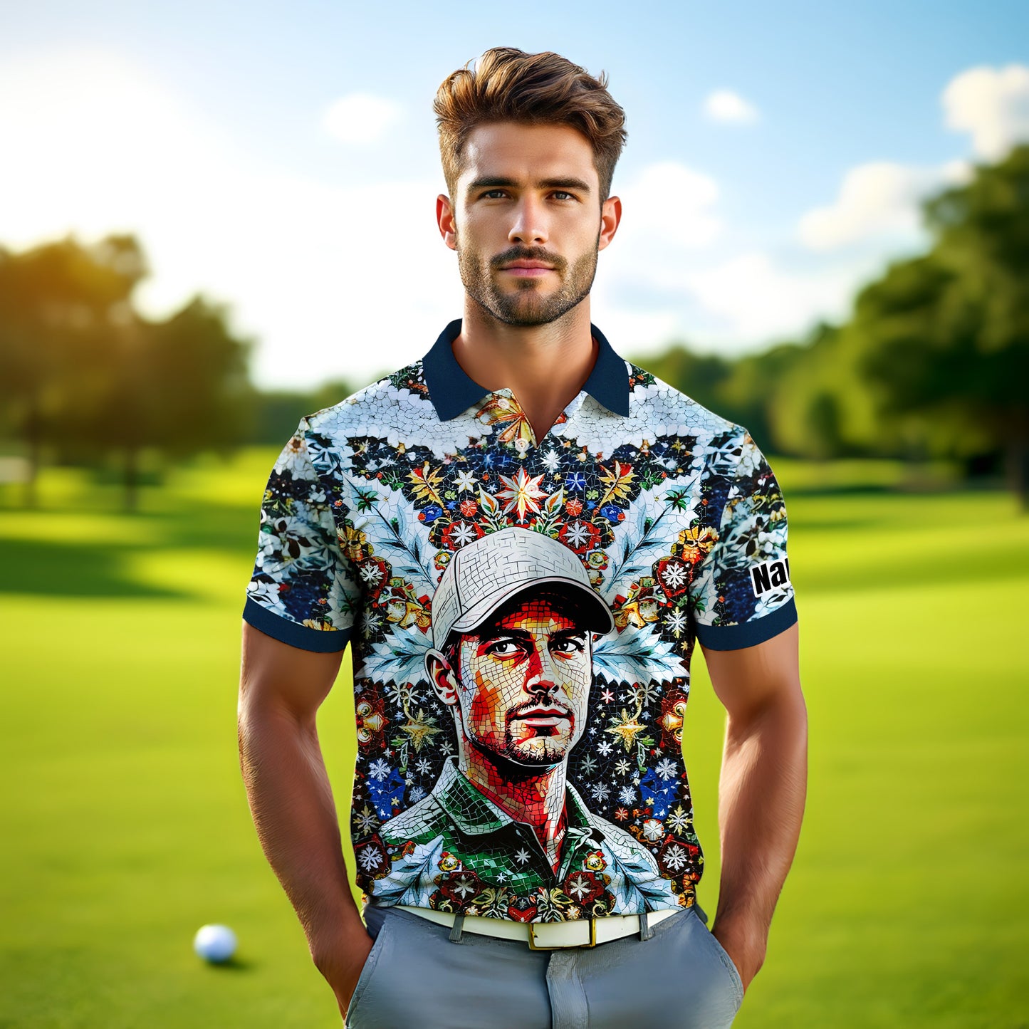 Personalized Christmas Golf Polo Shirt with Your Face – Custom Photo Holiday Shirt – Unique Mosaic Art Xmas Gift for Men, Custom Golf Apparel Style 7