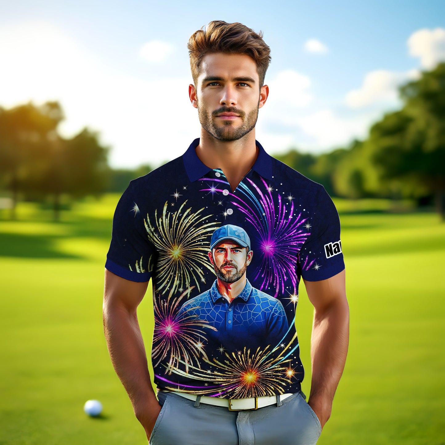 Custom Face Golf Polo Shirt – New Year Fireworks Edition | Personalized Golf Polo | Unique Holiday Gift for Him 2025 Style 2