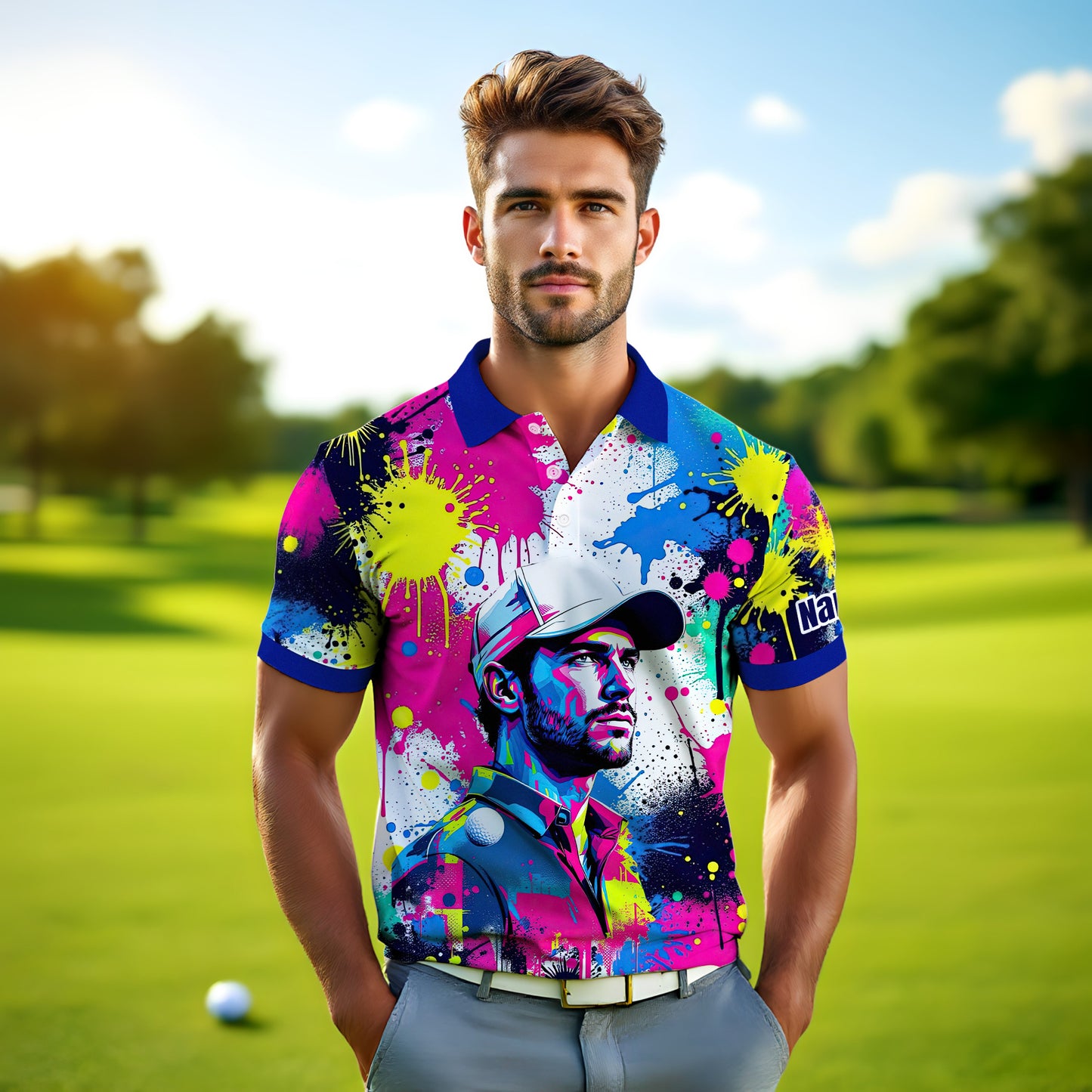 HomyGifts Men's Customized Face Artistic Golf Polo Shirt, Personalized Pop Art Golf Polo, Portrait Gift for Golfers Style 1